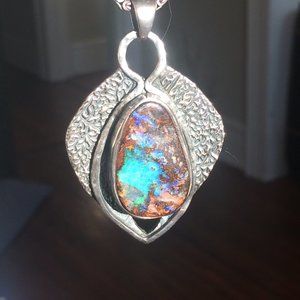 Rare Artisan Crafted Boulder Opal + 925 Silver Necklace